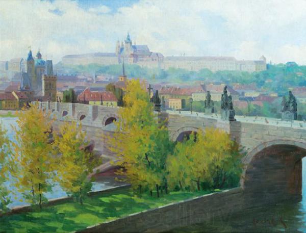 Stanislav Feikl View of Prague Castle over the Charles Bridge by Czech painter Stanislav Feikl Norge oil painting art